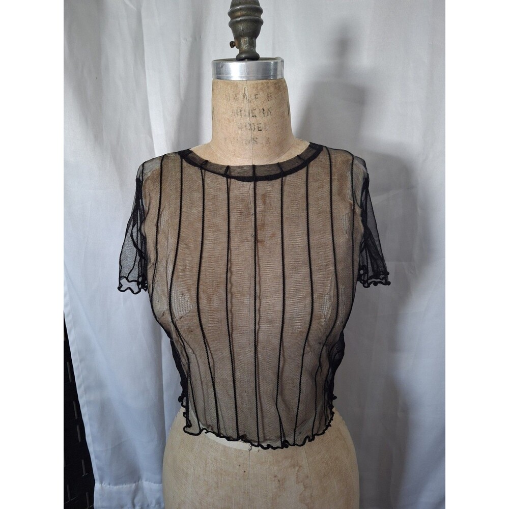 Forever 21 Sheer Crop Top Y2K Size Large Black Mesh USA Club Wear Grunge Vintage